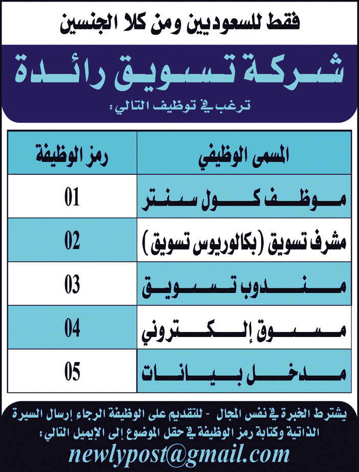 شركة تسويق ترغب في توظيف سعوديين 