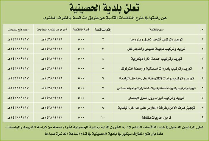 # مناقصات حكومية ( بناء - اسئجار - هدم - نقل - صيانة - تشغيل - شراء – بيع( 