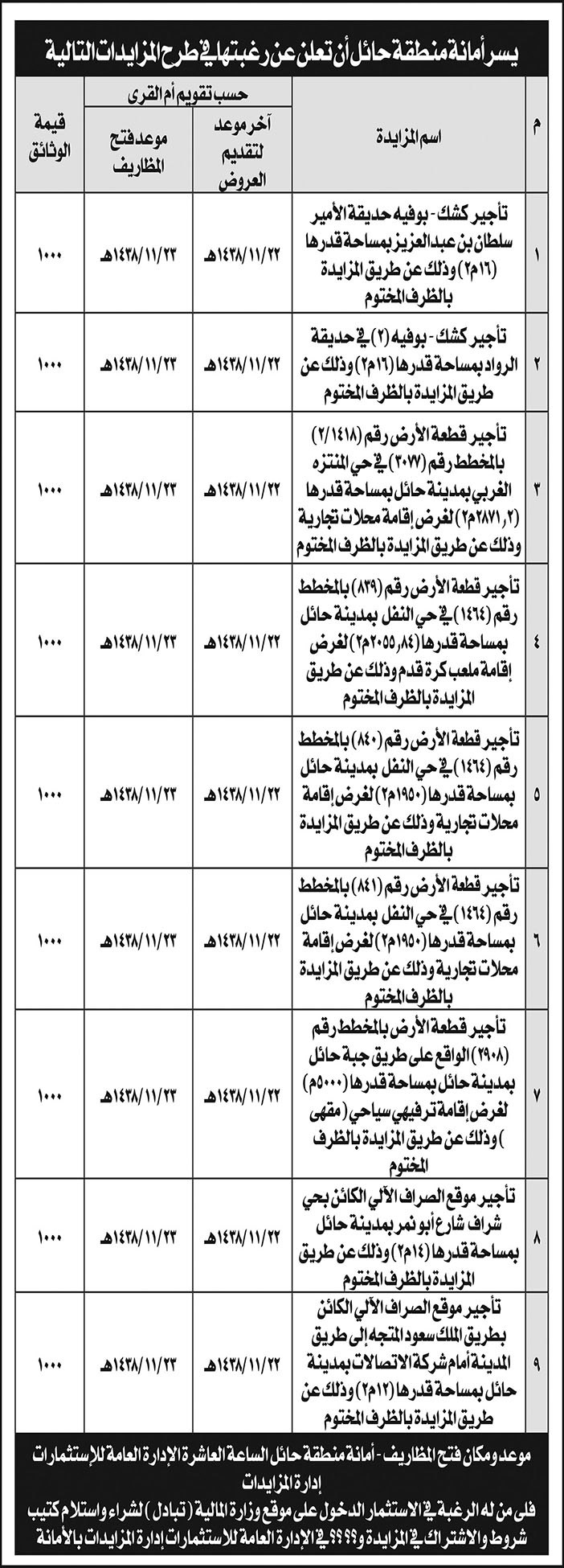 امانة حائل طرح المزايدات 