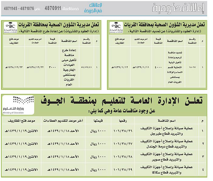 # مناقصات حكومية ( بناء - اسئجار - هدم - نقل - صيانة - تشغيل - شراء – بيع 