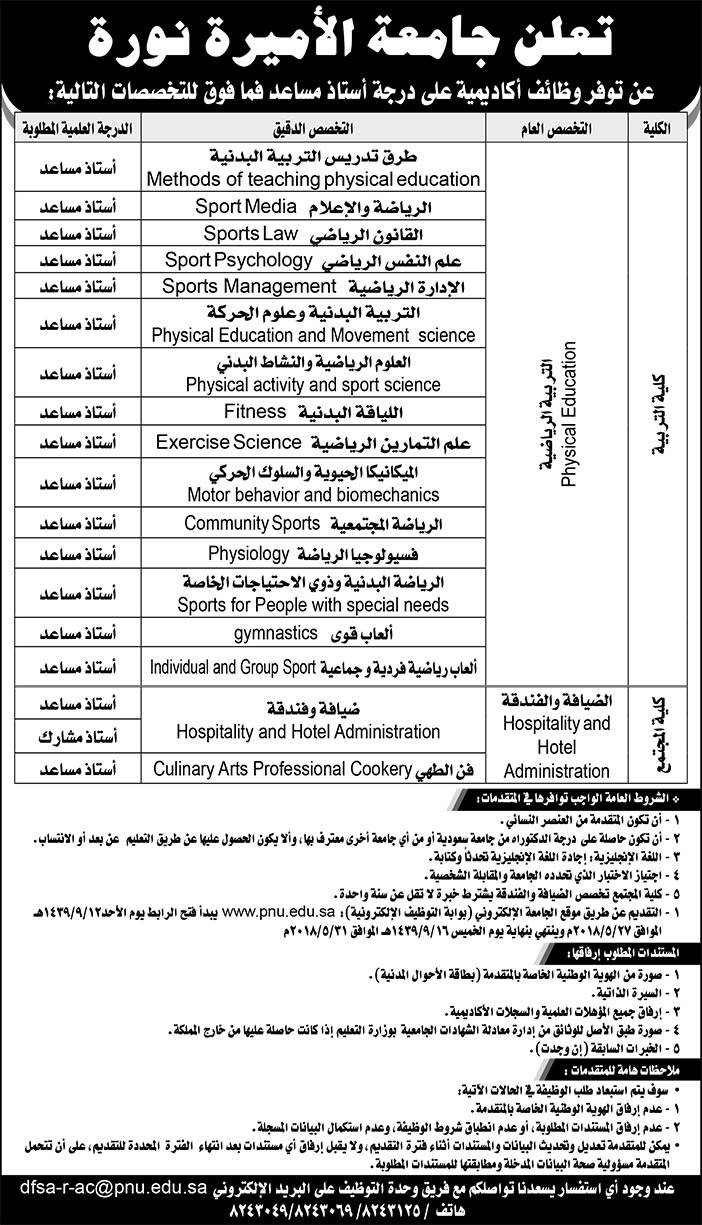 تعلن جامعة الأميرة نورة عن الوظائف التالية 