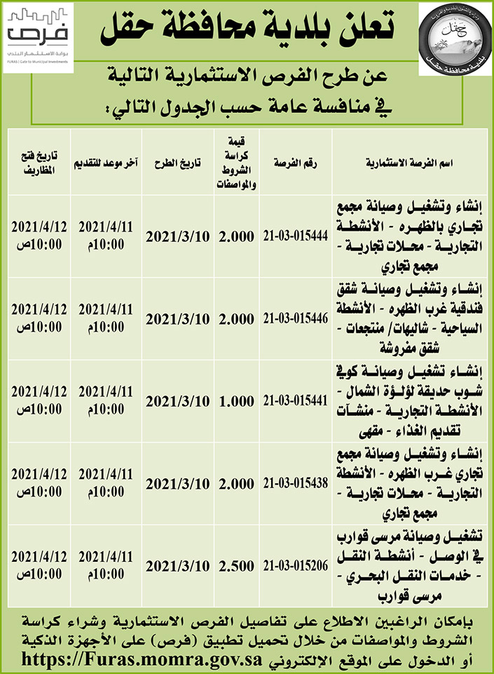 مناقصات حكومية ( بناء - استئجار - هدم - نقل - صيانة - تشغيل - شراء – بيع( 