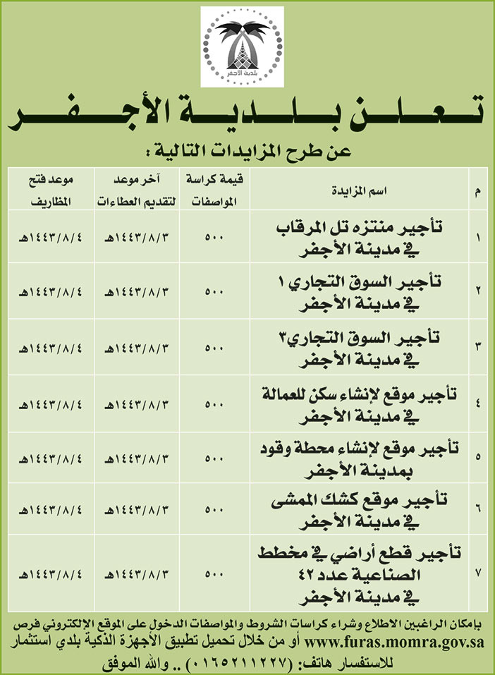 بلدية الأجفر تطرح فرص استثمارية في منافسة عامة 