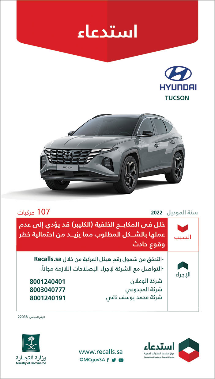 استدعاء سيارات (HYUNDAI) نوع (TUCSON) موديل 2022 لعدد 107 مركبات 