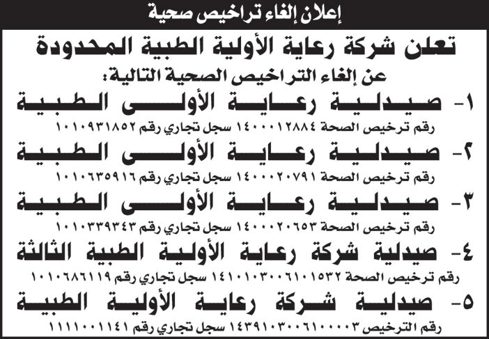 إعللان عن إلغاء تراخيص صحية لعدد من الصيدليات 