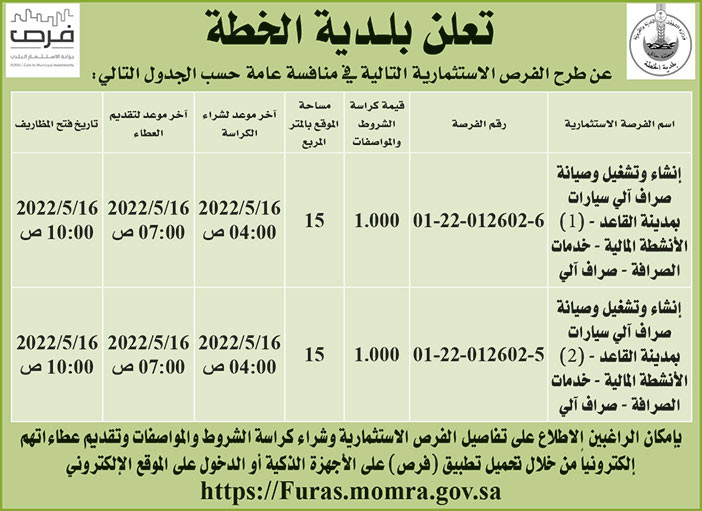 بلدية الخطة تطرح فرص استثمارية في منافسة عامة 