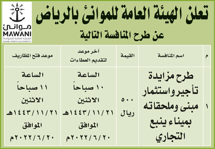 الهيئة العامة للموانئ بالرياض تطرح منافسة المزايدة لتأجير واستثمار مبنى وملحقاته بميناء ينبع التجاري 