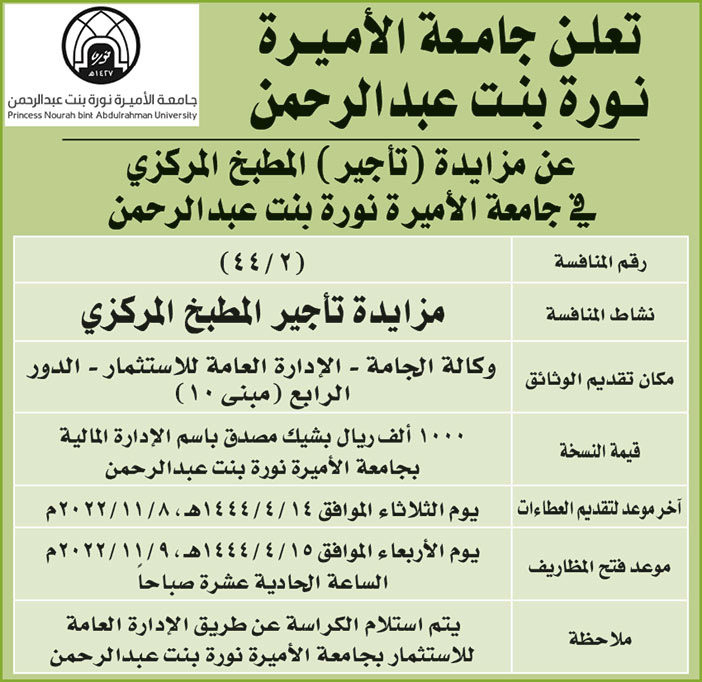 جامعة الأميرة نورة بنت عبدالرحمن تطرح مزايدة (تأجير) مكائن البيع الذاتي للوجبات الصحية والخالية من الجلوتين 