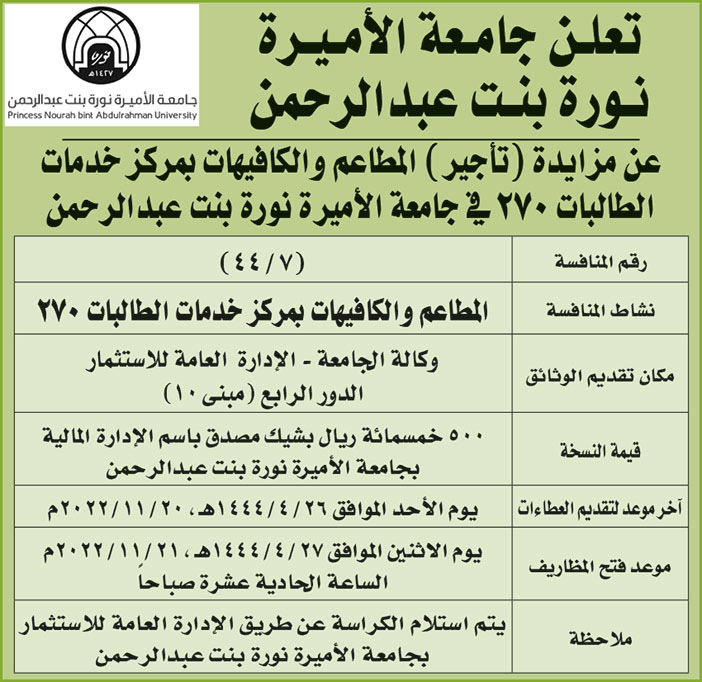جامعة الأميرة نورة بنت عبدالرحمن تطرح مزايدة (تأجير) المطاعن والكافيهات بمركز خدمات الطالبات (270) في جامعة الأميرة نورة بنت عبدالرحمن 