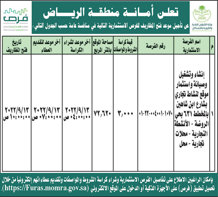 أمانة منطقة الرياض تأجل موعد فتح المظاريف لفرص استثمارية في منافسة عامة 