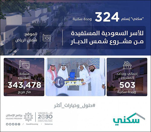 «سكني» يُسلِّم 324 وحدة للأسر السعودية المستفيدة من مشروع شمس الديار بالرياض 