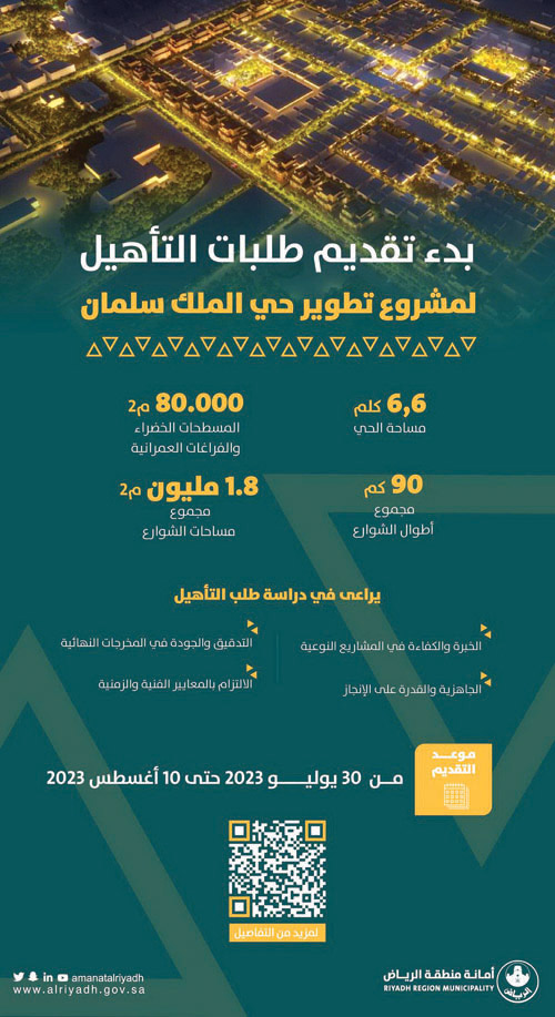 أمانة منطقة الرياض تبدأ استقبال طلبات التأهيل لمشروع تطوير حي الملك سلمان 