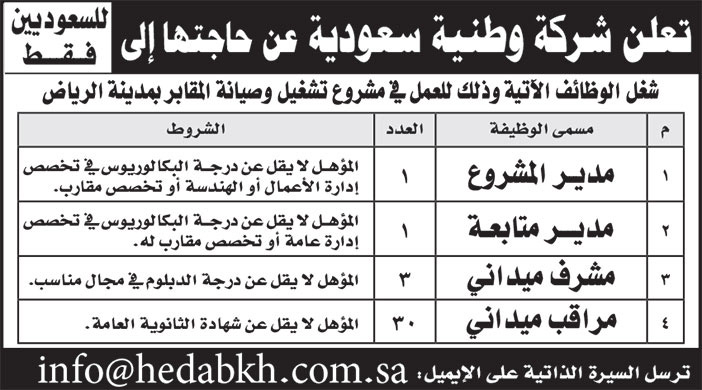 إعلان شركة وطنية سعودية بحاجة إلى وظائف 