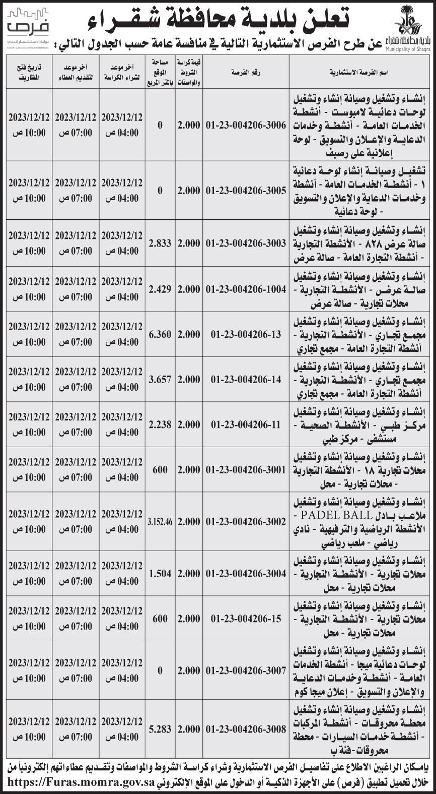 إعلان بلدية محافظة شقراء 