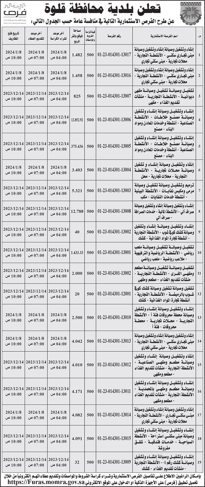 إعلان بلدية محافظة قلوة 