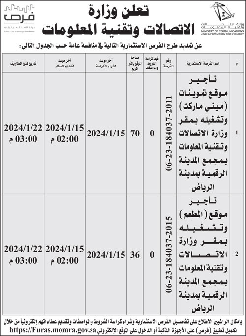 وزارة الاتصالات وتقنية المعلومات تمدد طرح فرص استثمارية في منافسة عامة 