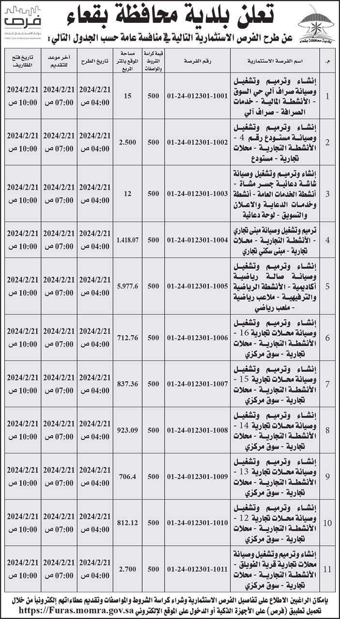 إعلان بلدية محافظة بقعاء 