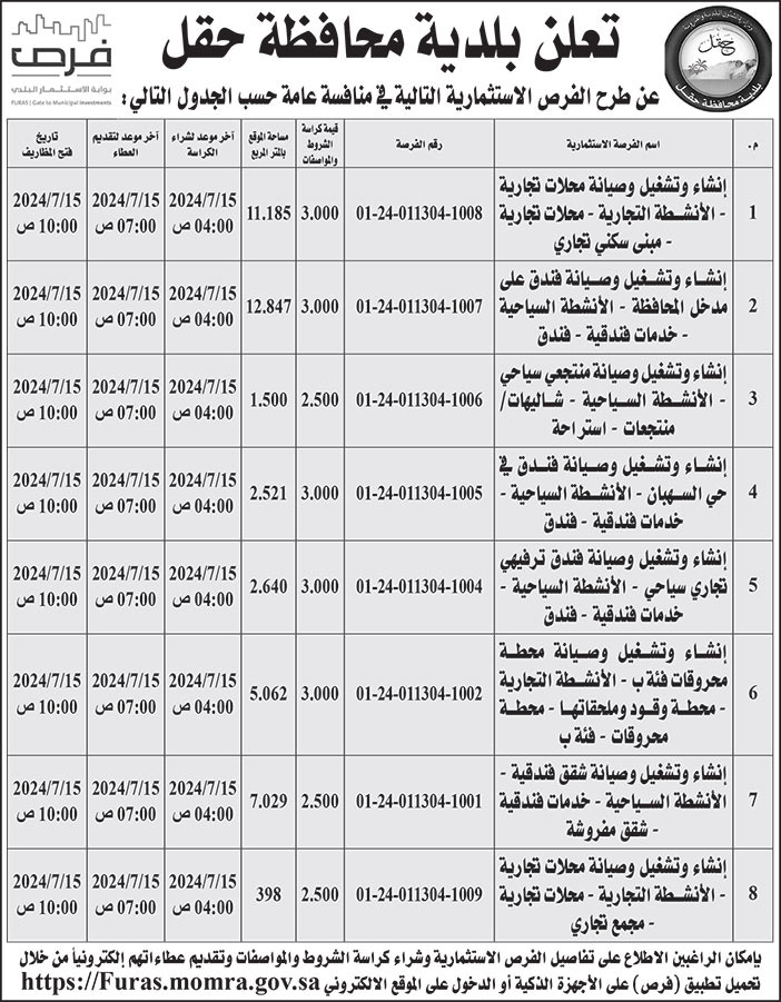إعلان بلدية محافظة حقل 