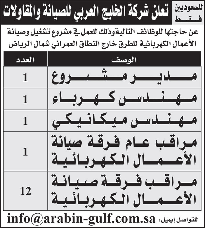 إعلان وظائف من شركة الخليج العربي للصيانة والمقاولات 