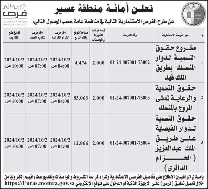 إعلان أمانة منطقة عسير 