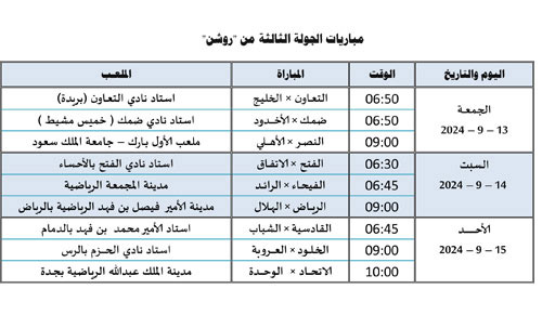 جدول مباريات الجولة الثالثة من (روشن) 