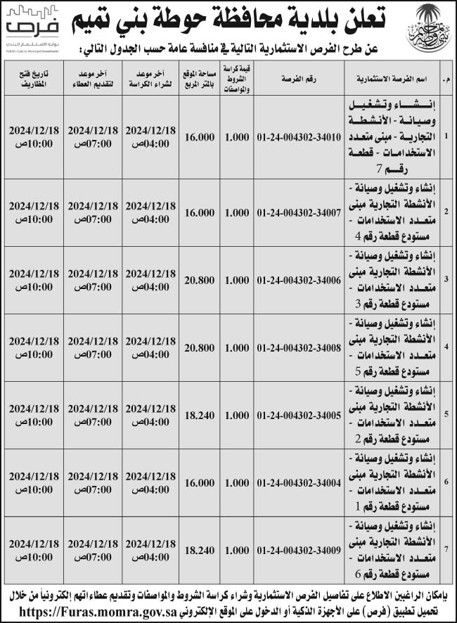 إعلان بلدية محافظة حوطة بني تميم 